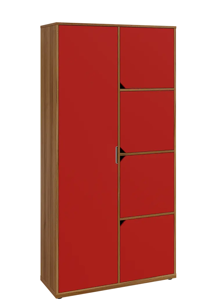 KSR6-82 L skříň šatní, 1x výsuvné ramínko, 4x dvířka, 2053x1022x400 mm, provedení levé, ořech světlý/červená